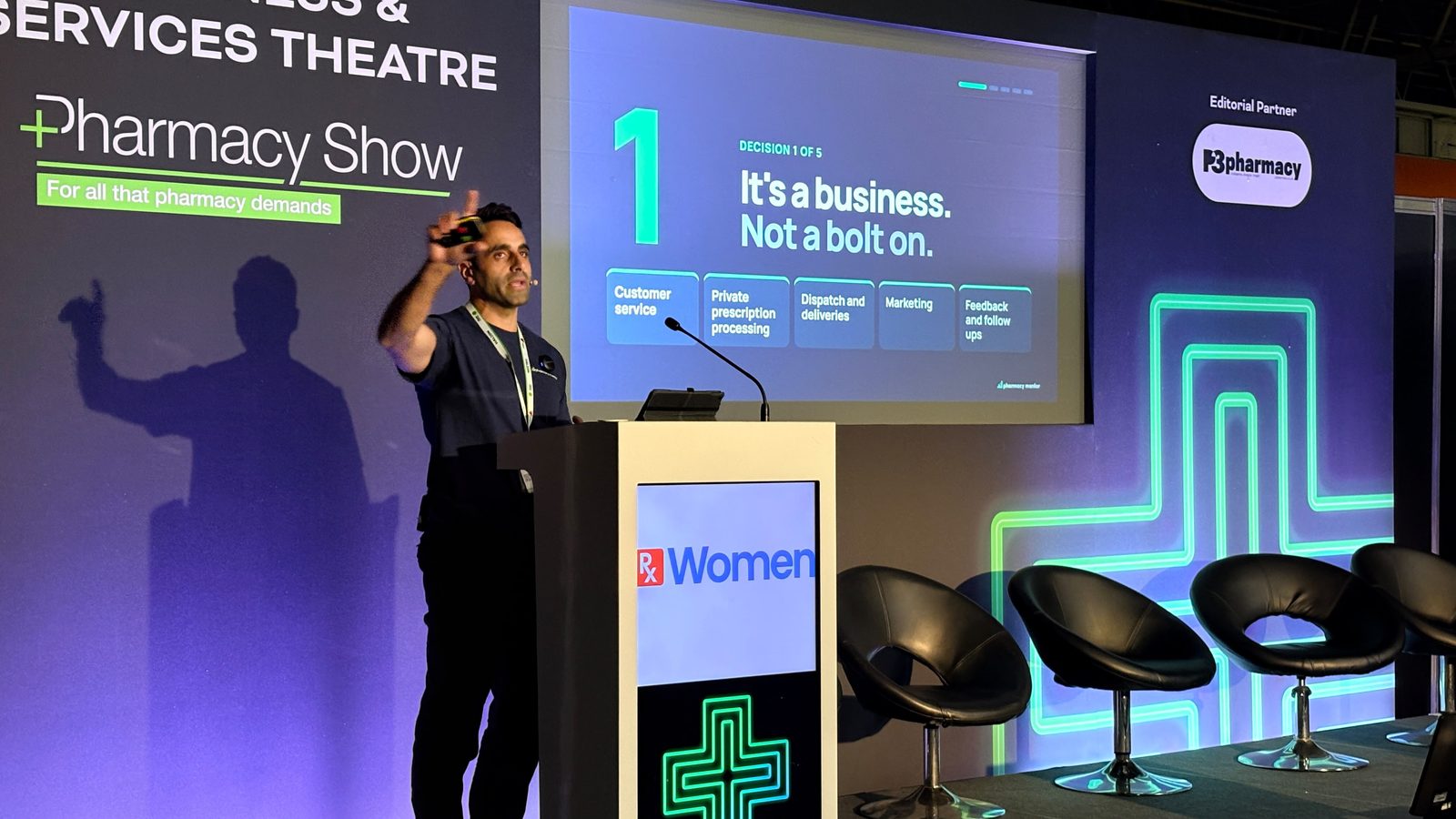 Saam Ali speaking about profitable online clinics in The Pharmacy Show Business and Services Theatre