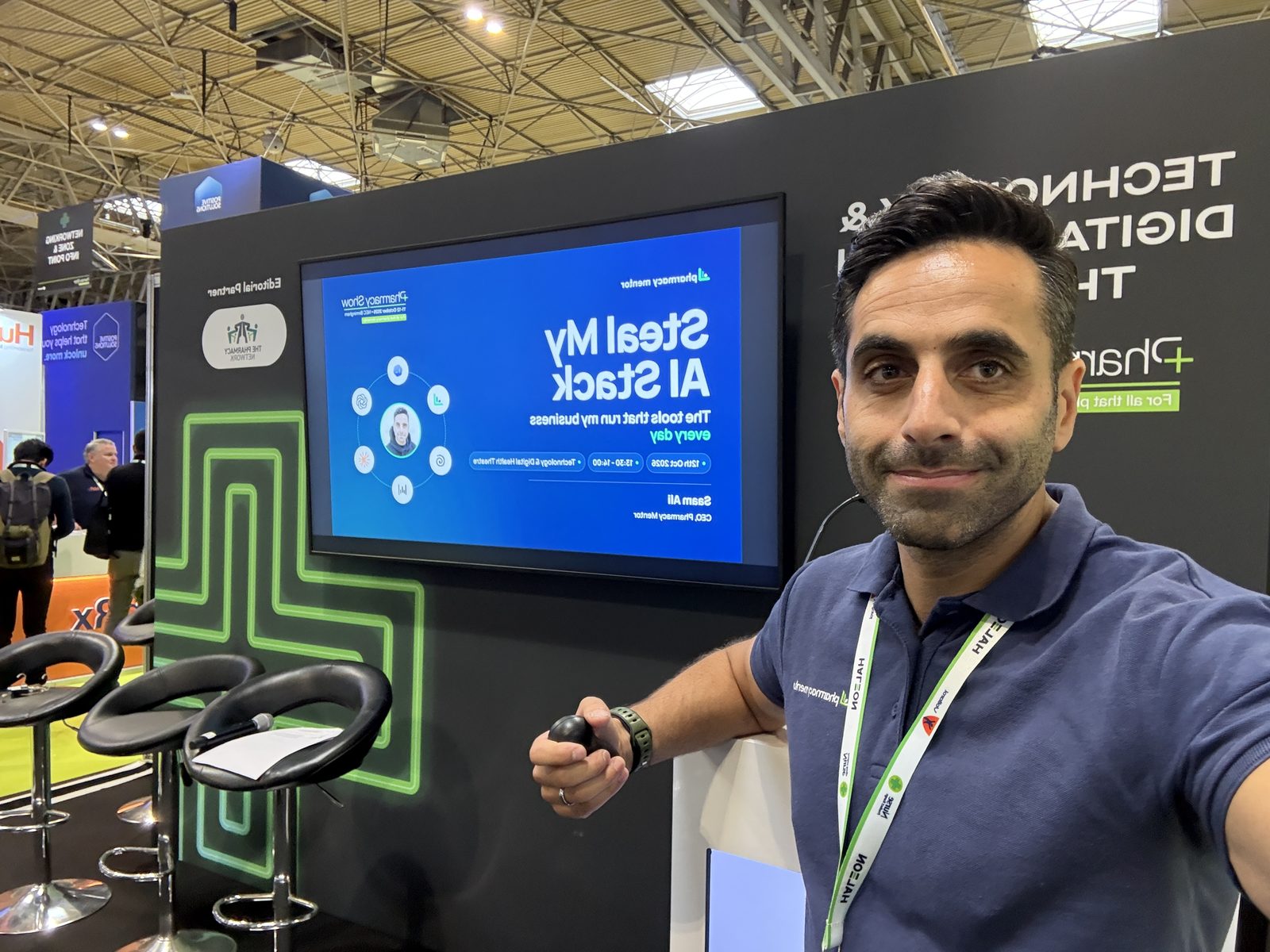 Saam Ali at The Pharmacy Show 2026 before his Steal My AI Stack session