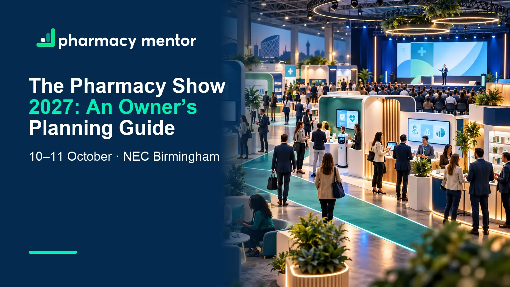 The Pharmacy Show 2027 owner’s planning guide with an illustrated pharmacy exhibition hall, learning stage, supplier stands and networking area, with Pharmacy Mentor logo
