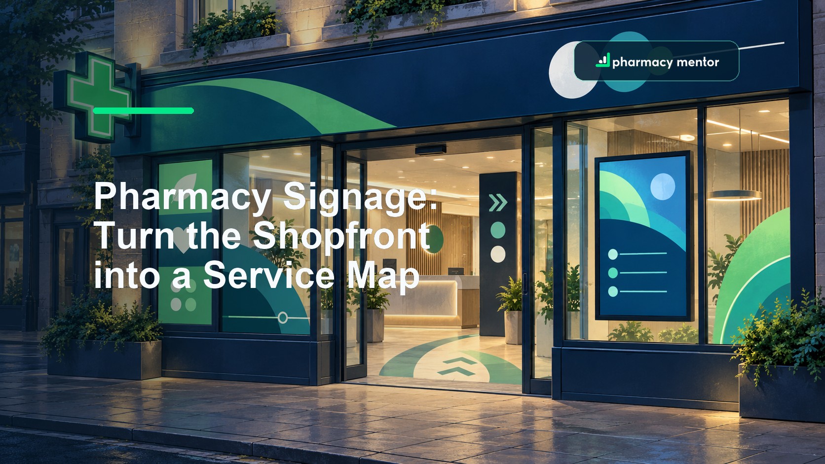 Pharmacy signage guide showing an independent pharmacy shopfront, window service panels, wayfinding and digital display, with Pharmacy Mentor logo