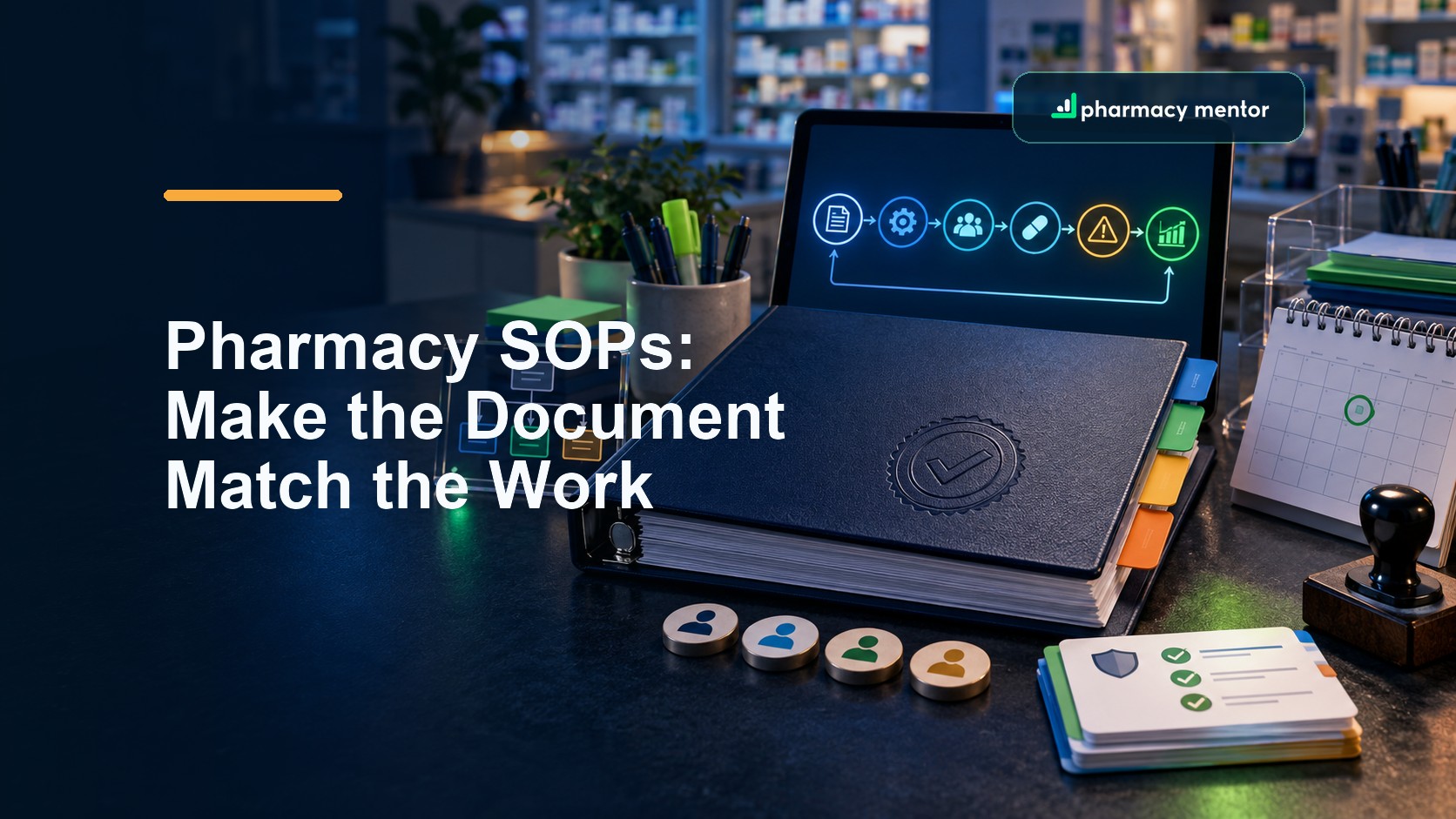 Pharmacy SOP guide showing a controlled procedure binder, review workflow, staff sign-off and audit trail in a community pharmacy, with Pharmacy Mentor logo