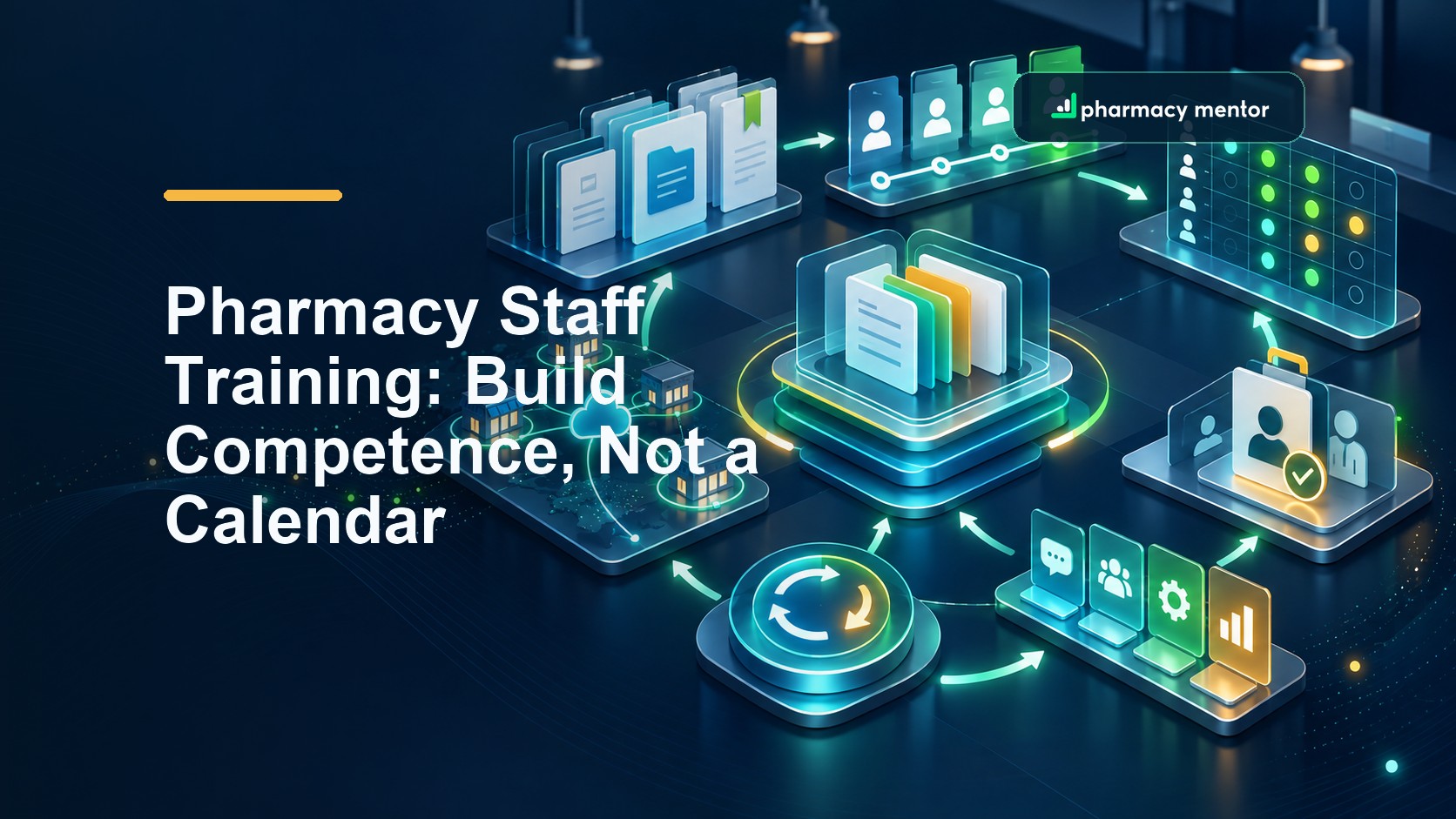 Pharmacy staff training guide with an illustrated induction, SOP, skills matrix, supervised practice and review system across pharmacy branches, with Pharmacy Mentor logo