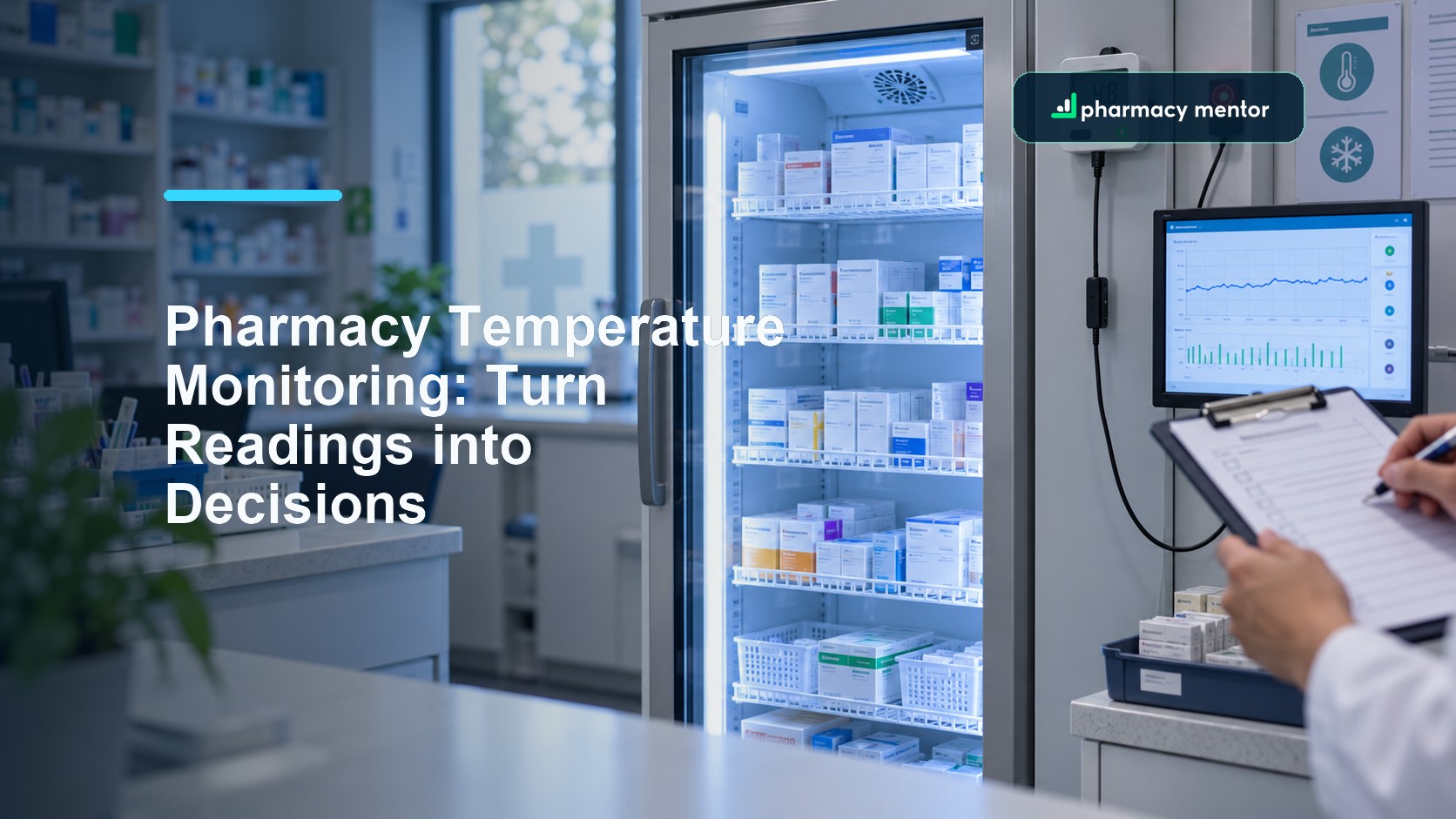 Pharmacy temperature monitoring guide showing a medicines refrigerator, calibrated logger, alarm and monitoring record, with Pharmacy Mentor logo