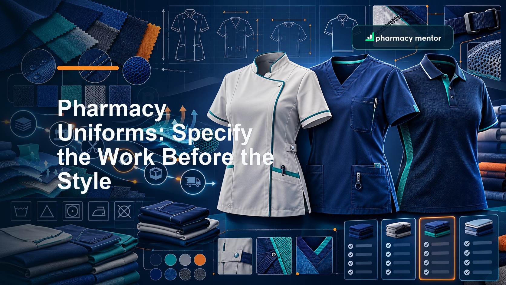 Pharmacy uniforms buyer’s guide showing tunic, scrub and polo options linked to fabric, sizing, laundering and supplier checks, with Pharmacy Mentor logo