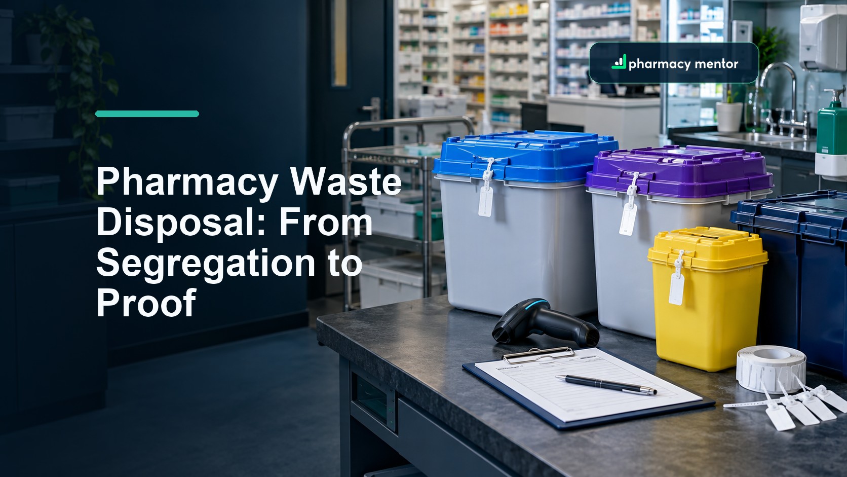 Pharmacy waste disposal guide showing sealed colour-coded pharmaceutical waste containers, tamper tags and collection records, with Pharmacy Mentor logo