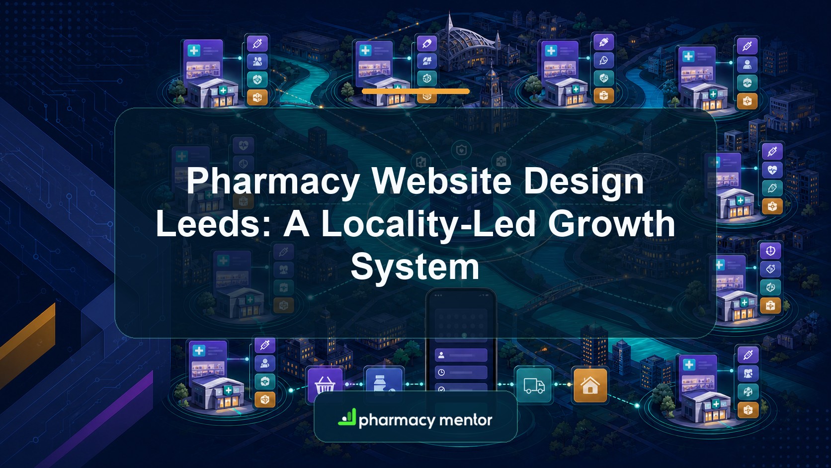 Leeds pharmacy website design guide with an illustrated ten-locality service network, branch interfaces, booking journey and Pharmacy Mentor logo