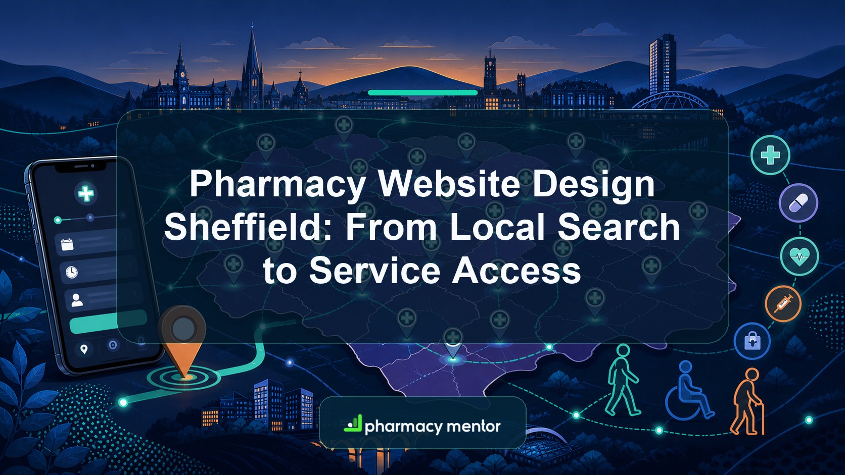 Sheffield pharmacy website design guide with an illustrated ward network, service pins, mobile journey, accessibility icons and Pharmacy Mentor logo