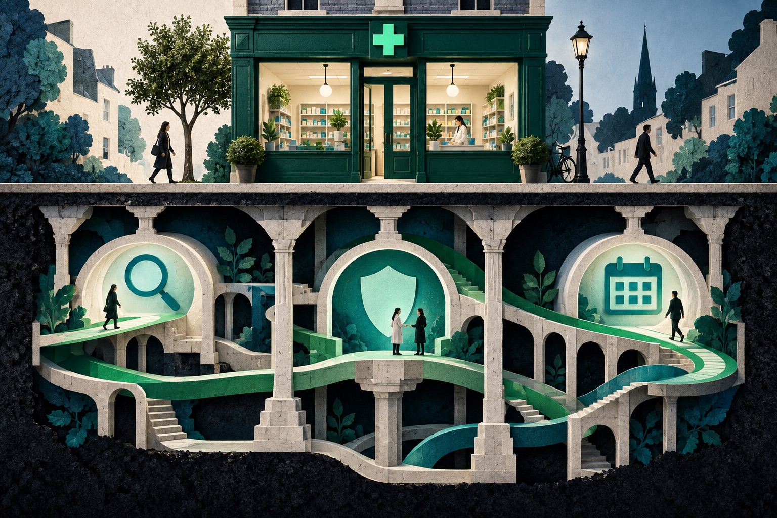 Editorial cutaway illustration of a pharmacy above the connected foundations supporting its online business