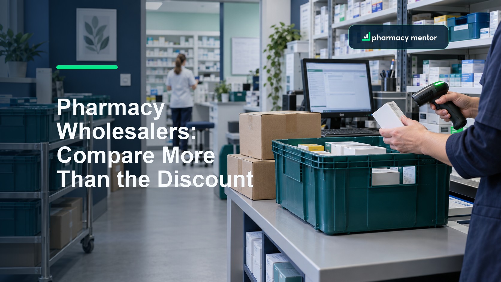 Pharmacy wholesaler guide showing medicines totes, delivery cartons and barcode scanning in an independent pharmacy, with Pharmacy Mentor logo