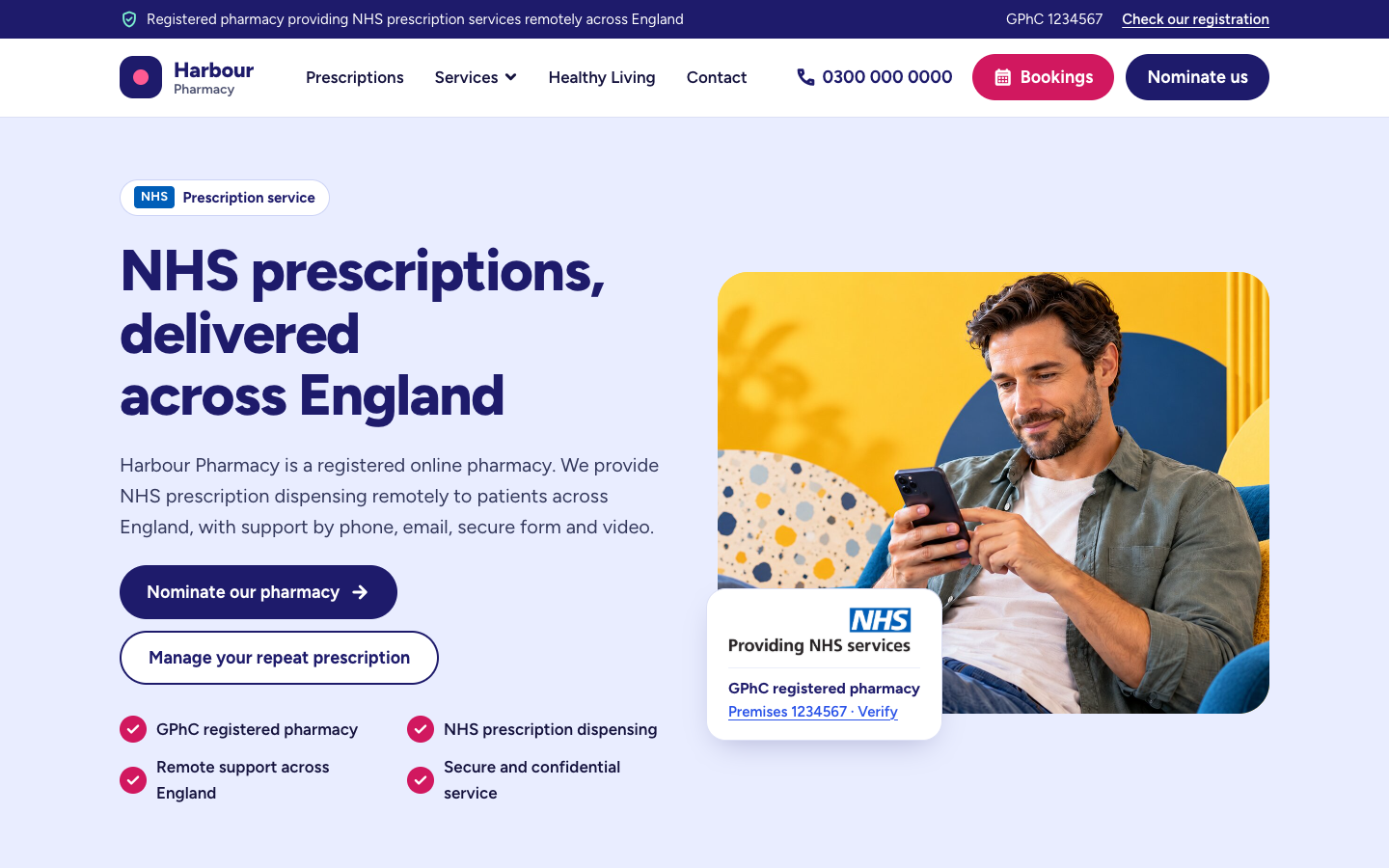 Harbour NHS distance-selling pharmacy website design by Pharmacy Mentor