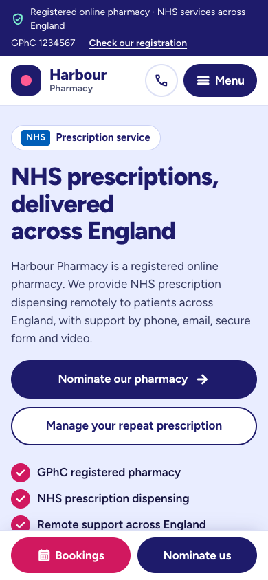 Harbour Pharmacy mobile homepage design