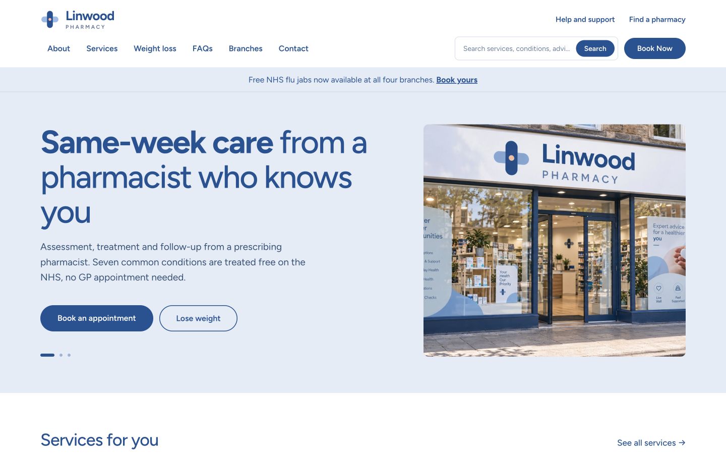 Linwood Pharmacy desktop homepage design