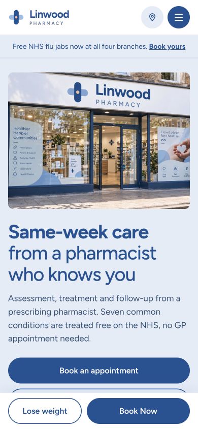 Linwood Pharmacy mobile homepage design