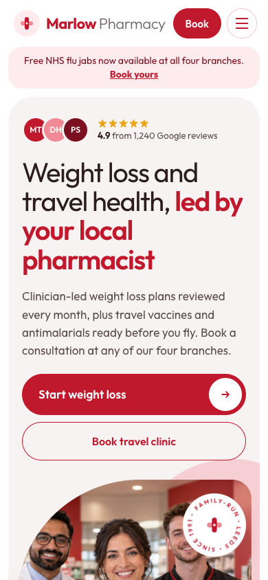 Marlow Pharmacy mobile homepage design