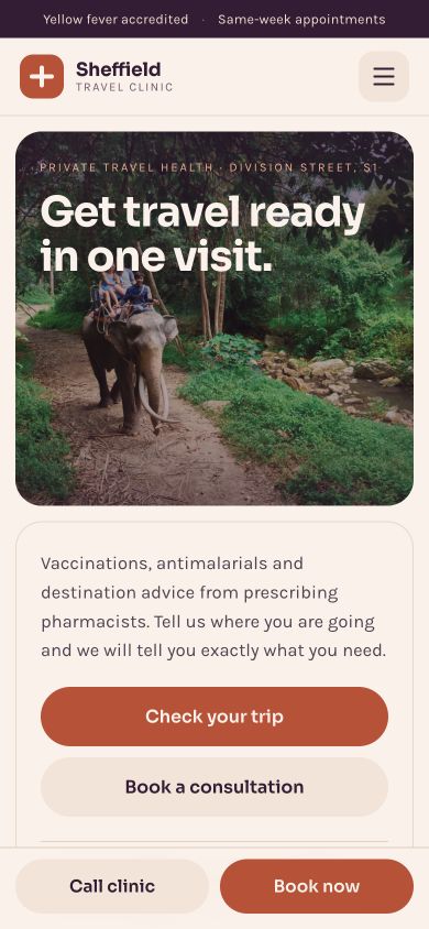 Sheffield Travel Clinic mobile homepage design