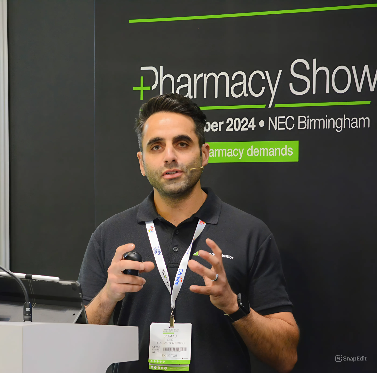 Saam Ali, CEO of Pharmacy Mentor, talking about online prescribing and WooPW at the Pharmacy Show 2024, NEC Birmingham