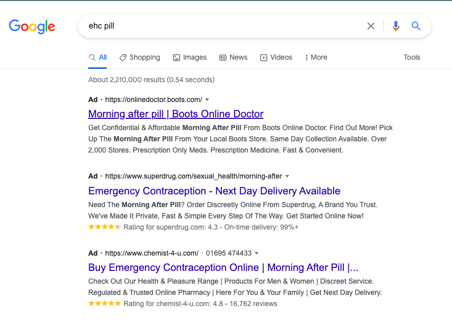 google results for ehc pill