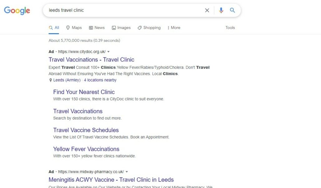 Google Adverts for Leeds Travel Clinic