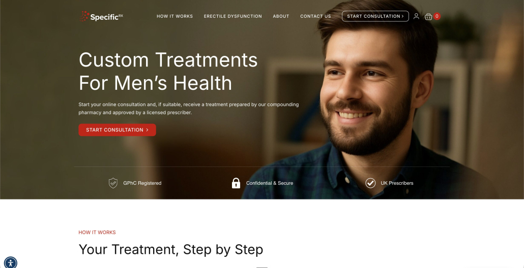 Specific Rx specialist online clinic website with a clear consultation route and trust information