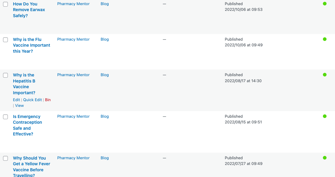 screenshot of blog topics created by Pharmacy Mentor