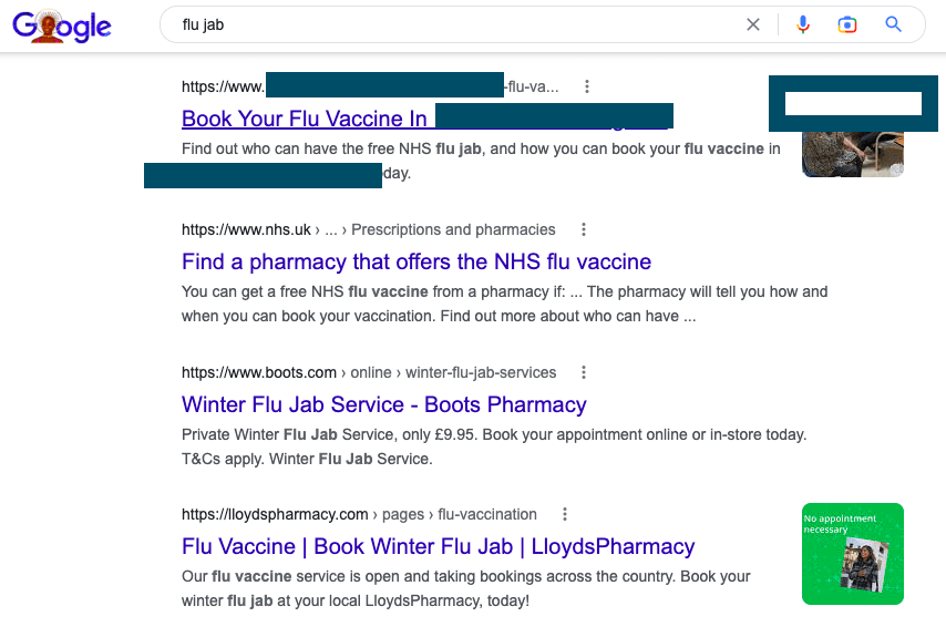Google rankings showing our Case Study ranking above Lloyds and Boots on Google Results Pages