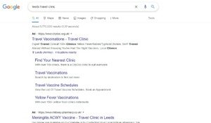 Google Adverts for Leeds Travel Clinic