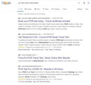 a range of google ads for covid-19 PCR tests