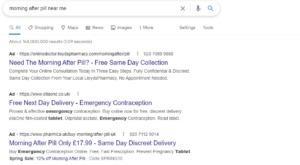 search engine results page on Google for morning after pill near me