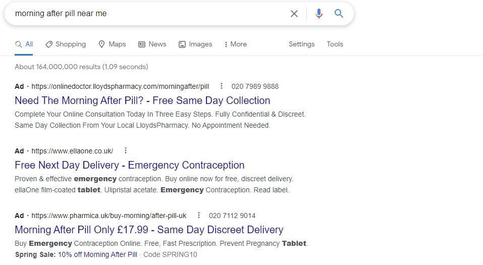 search engine results page on Google for morning after pill near me